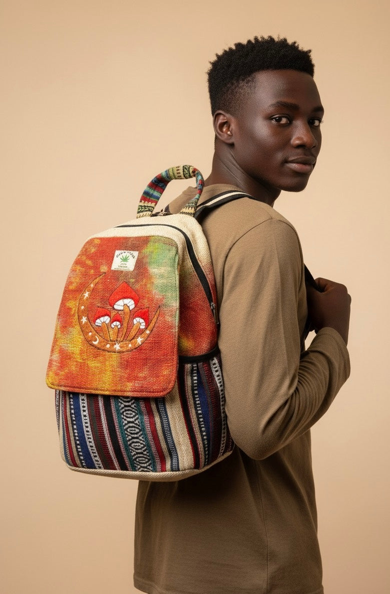 Mushroom Moon Embroidery Hemp Backpack.