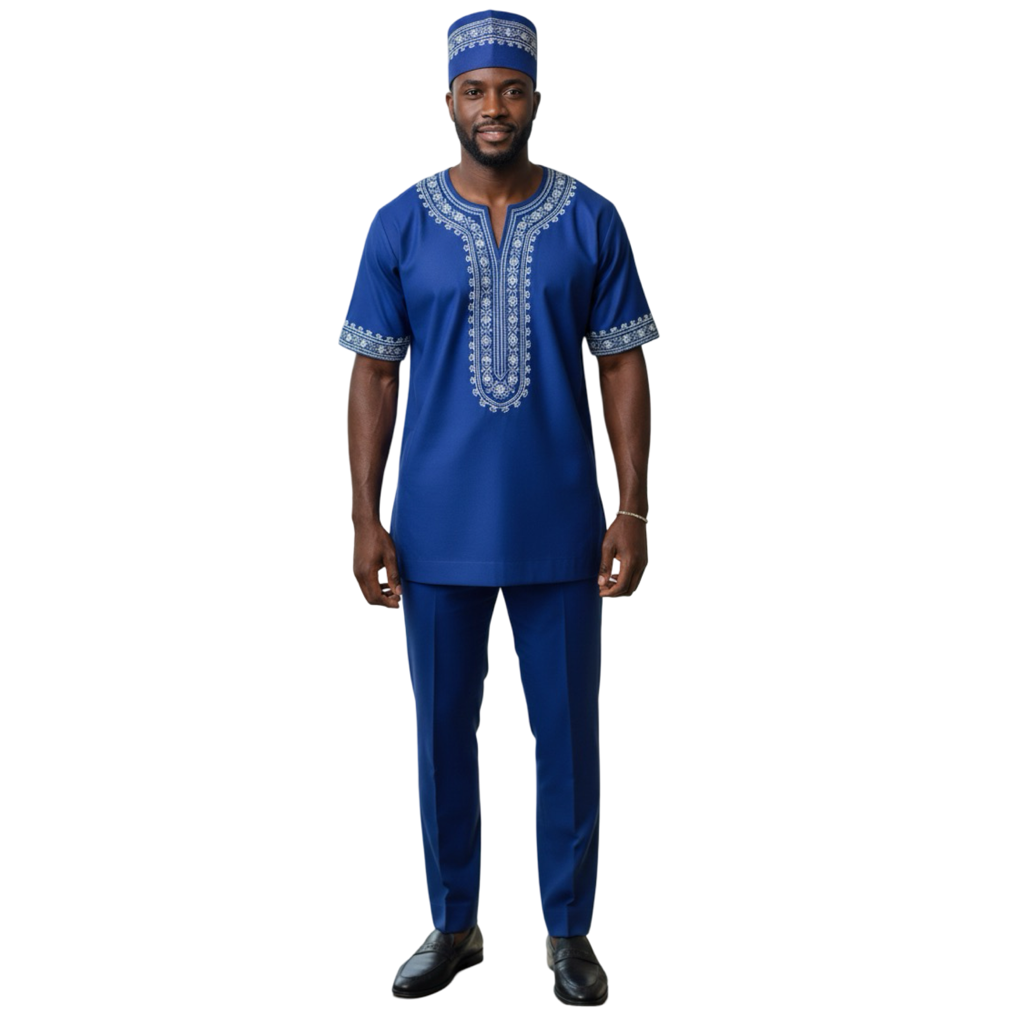 Men’s 3 Piece Embroidered Top, Pant&Hat / Blue & Silver