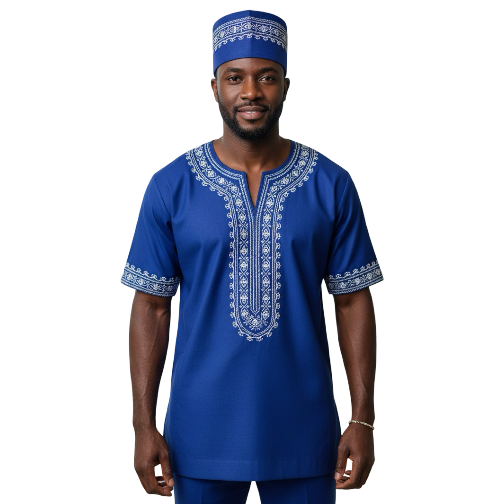 Men’s 3 Piece Embroidered Top, Pant&Hat / Blue & Silver