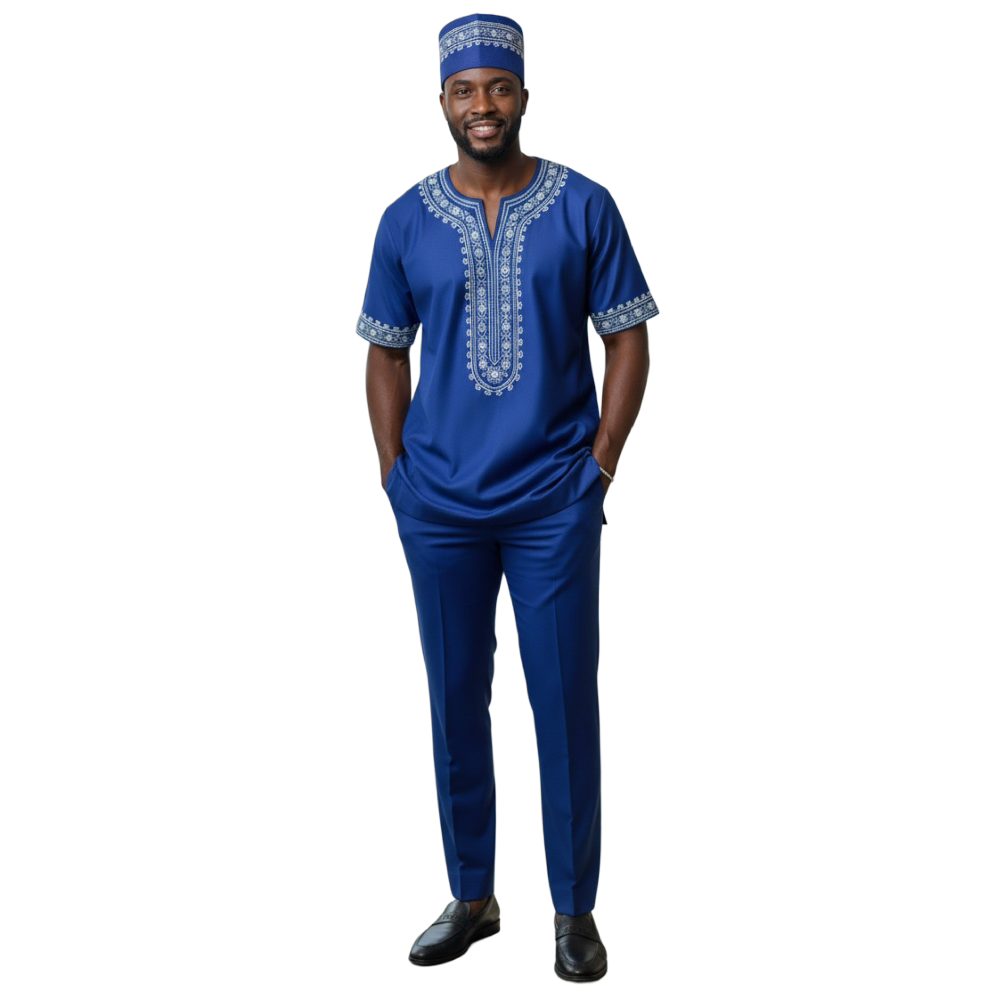 Men’s 3 Piece Embroidered Top, Pant&Hat / Blue & Silver