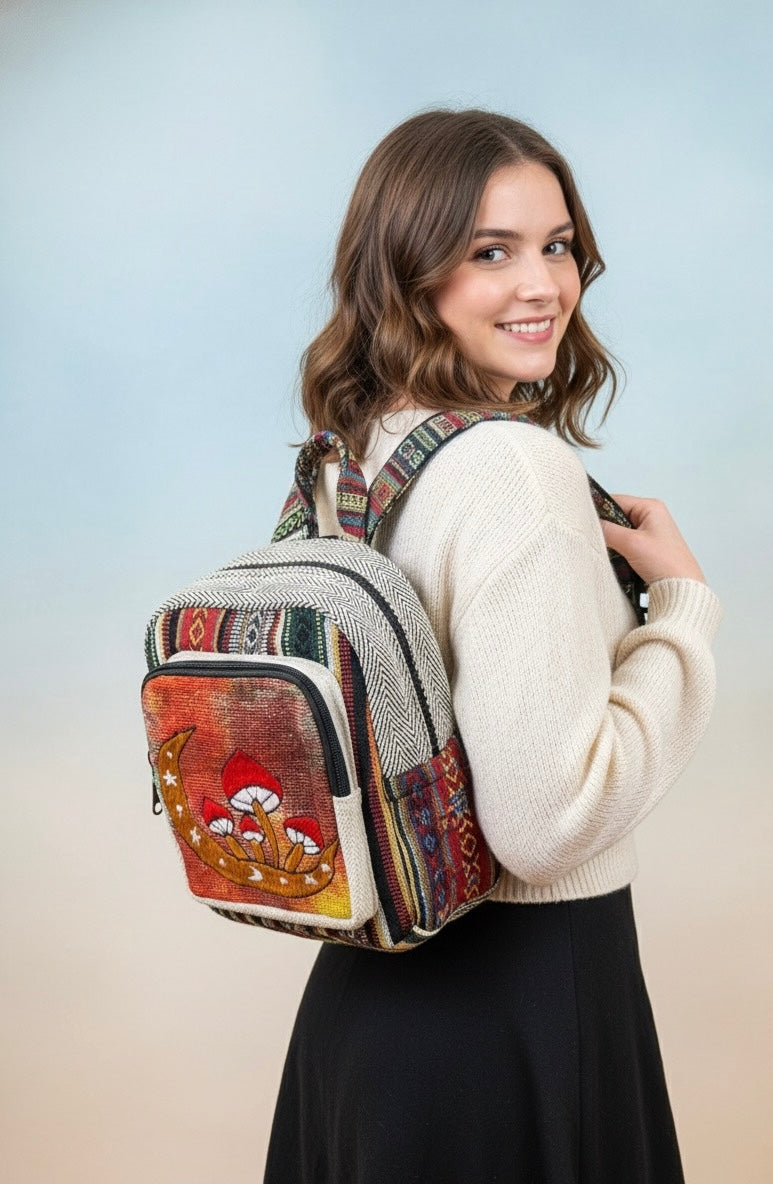 Embroidery Mushroom Moon Hemp Mini Backpacks.