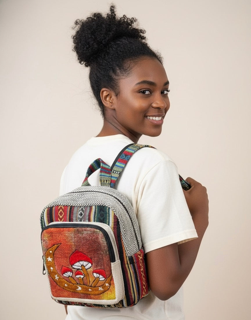 Embroidery Mushroom Moon Hemp Mini Backpacks.
