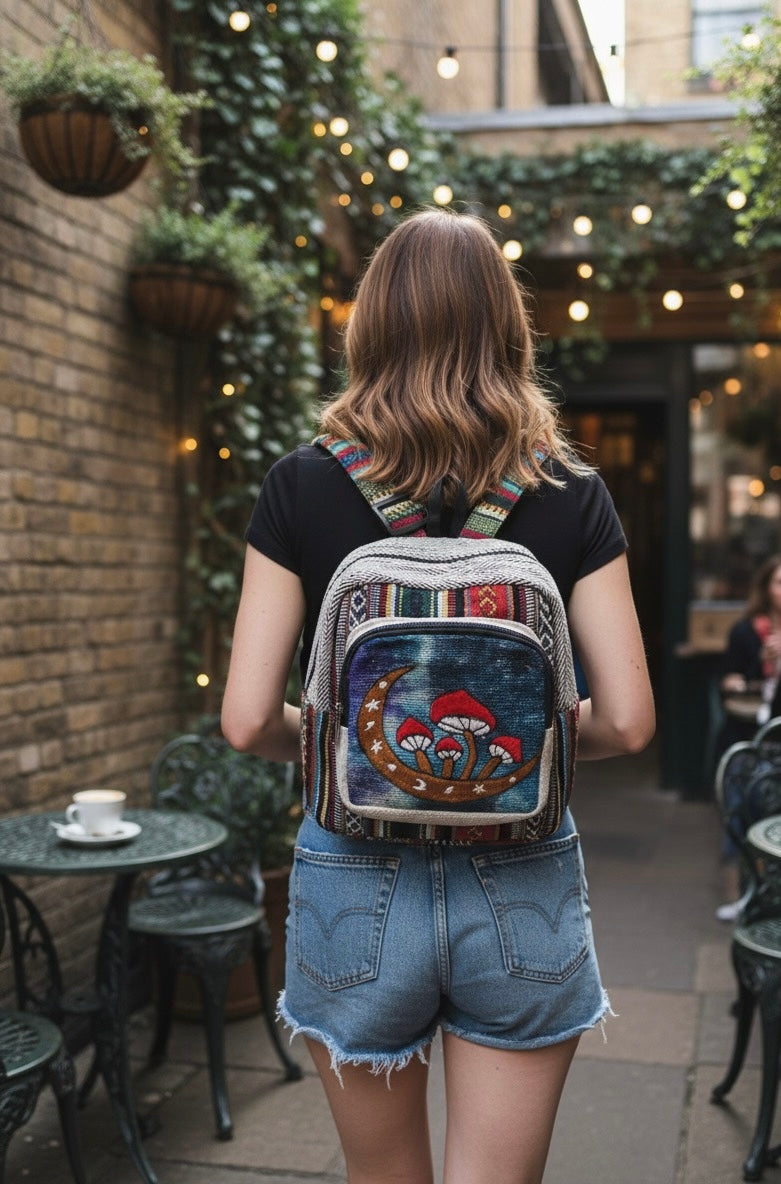 Embroidery Mushroom Moon Hemp Mini Backpack