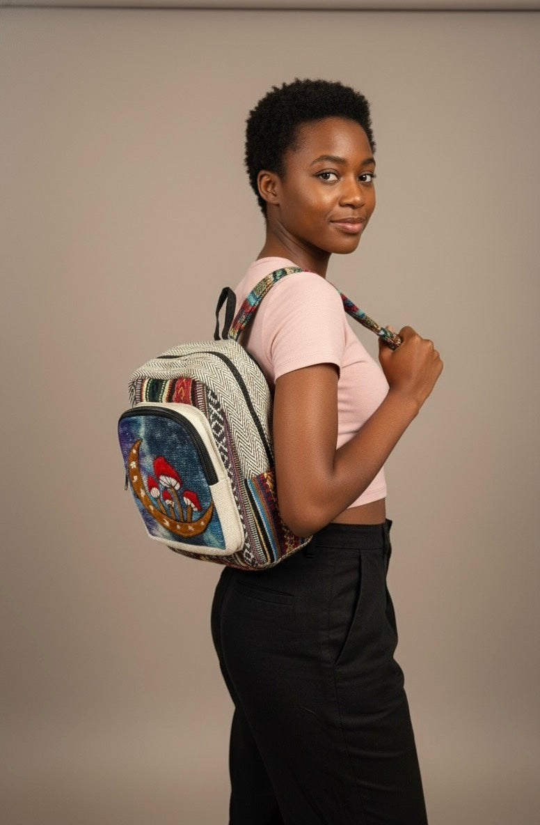 Embroidery Mushroom Moon Hemp Mini Backpack