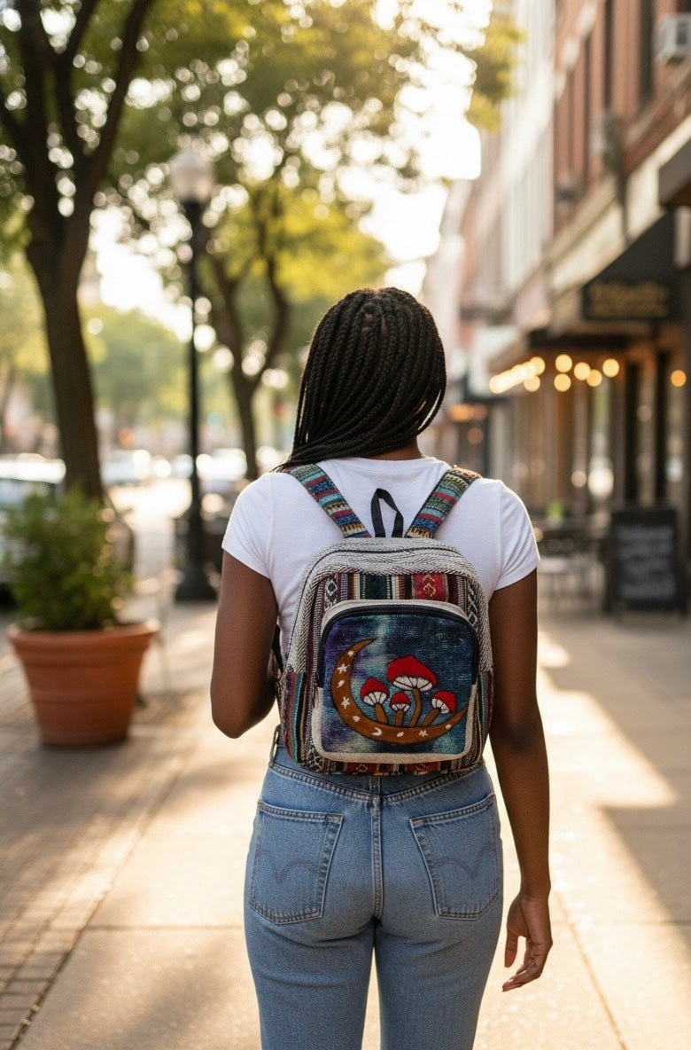 Embroidery Mushroom Moon Hemp Mini Backpack