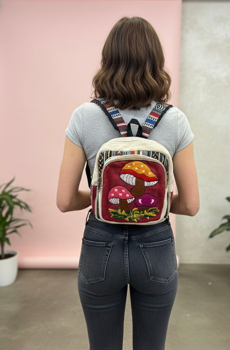 Embroidered Mushroom Hemp Mini Backpack/ Burgundy