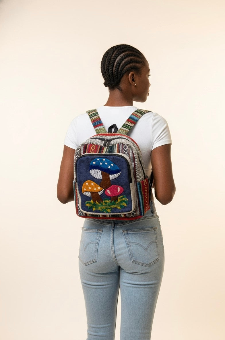 Embroidery Mushrooms Hemp Mini Backpacks.