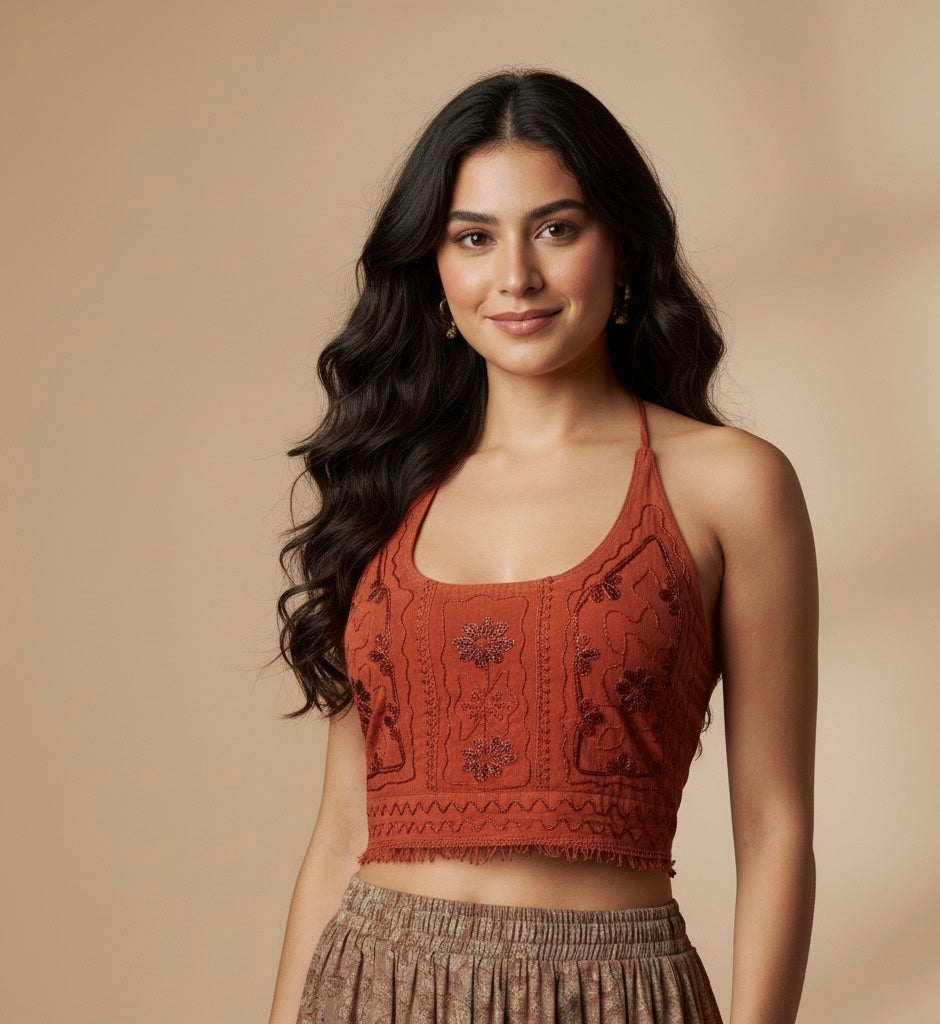 Tops - Embroidery Floral Halter Tops /Old Rose