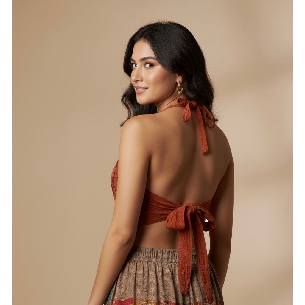 Tops - Embroidery Floral Halter Tops /Old Rose