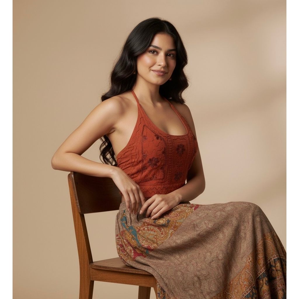 Tops - Embroidery Floral Halter Tops /Old Rose