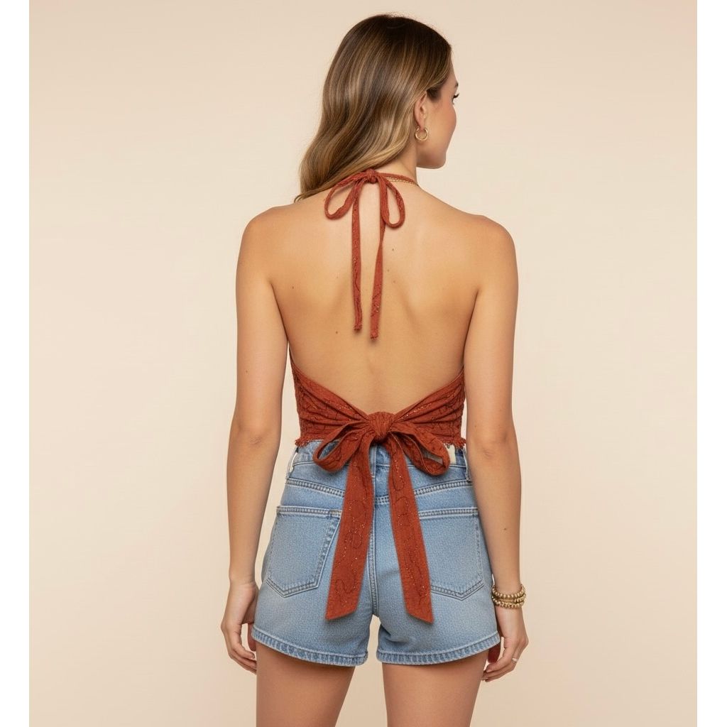 Tops - Embroidery Floral Halter Tops /Old Rose