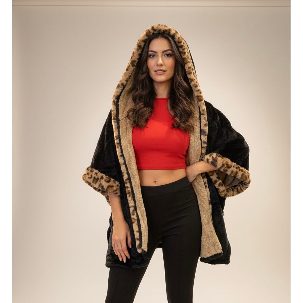 Coat - Faux Fur Leopard Coat(Black) w/Hoodies