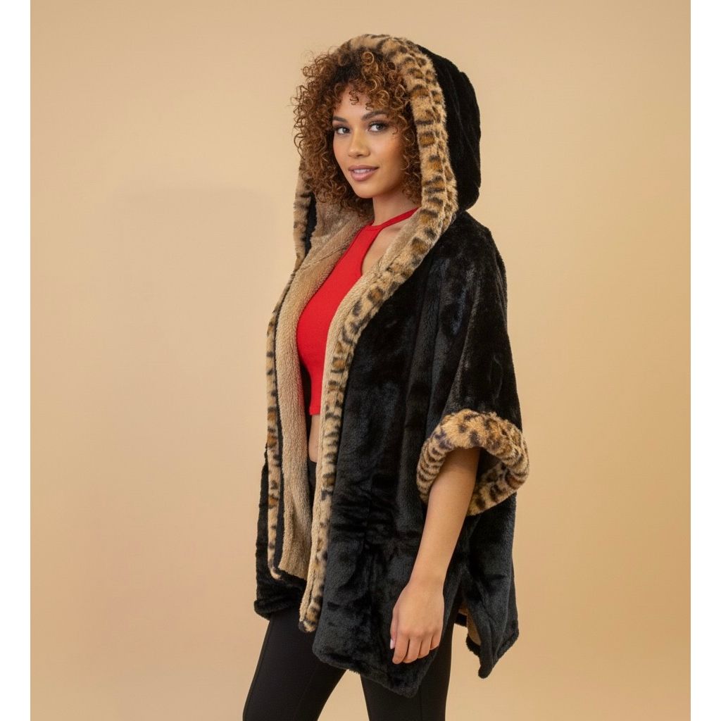 Coat - Faux Fur Leopard Coat(Black) w/Hoodies