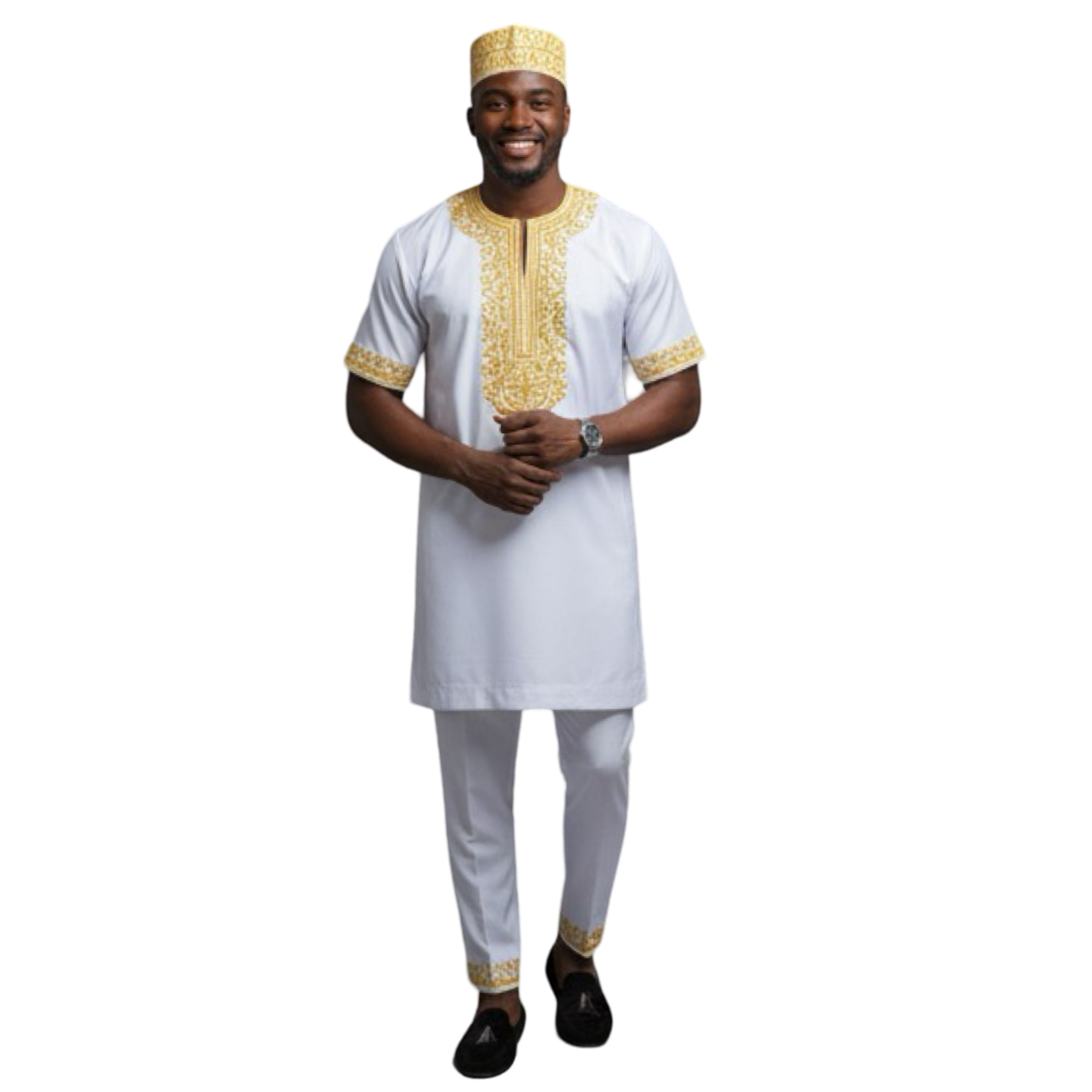 Men’s 3 Piece Embroidered Top, Pant&Hat / White