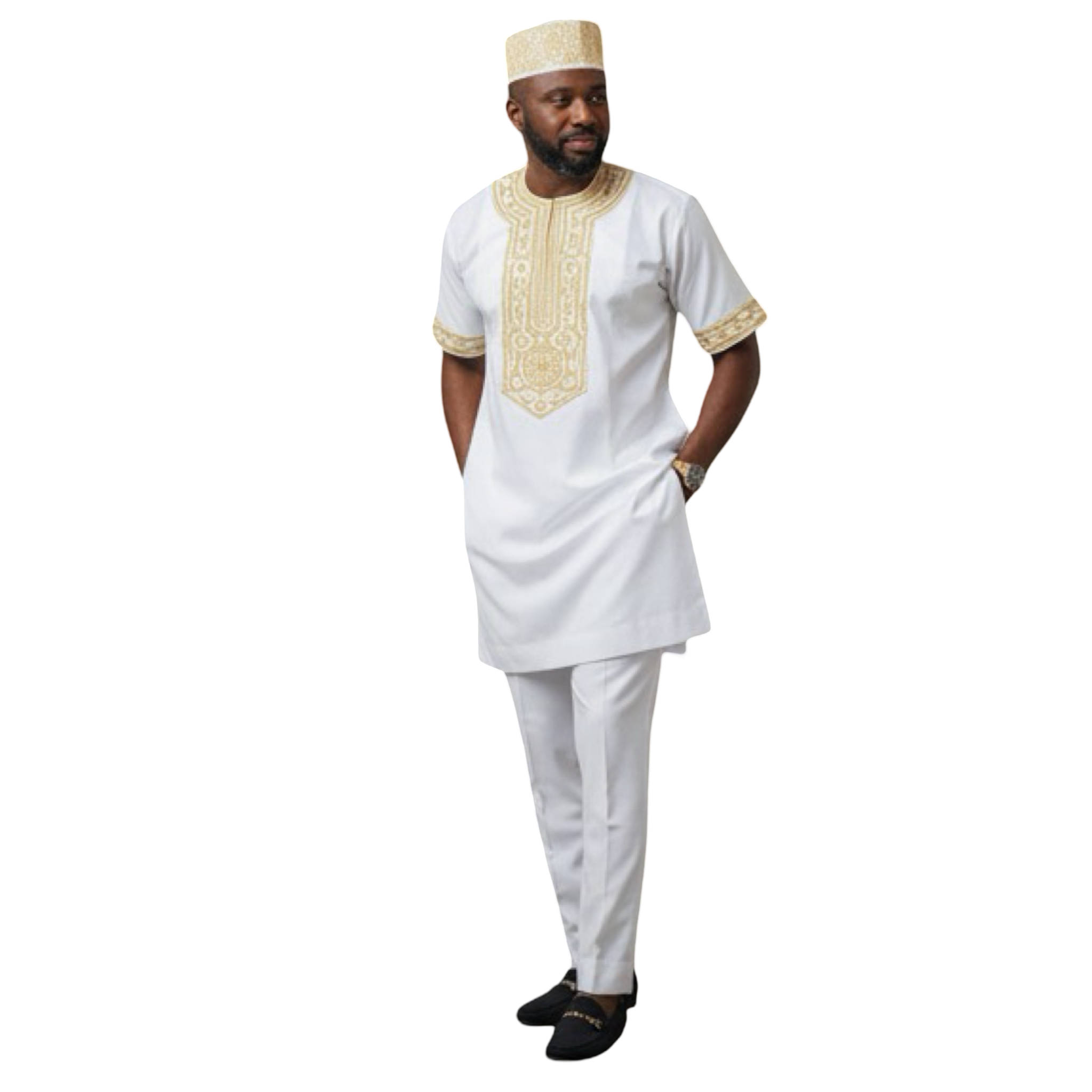 Men’s 3 Piece Embroidered Top, Pant&Hat / White