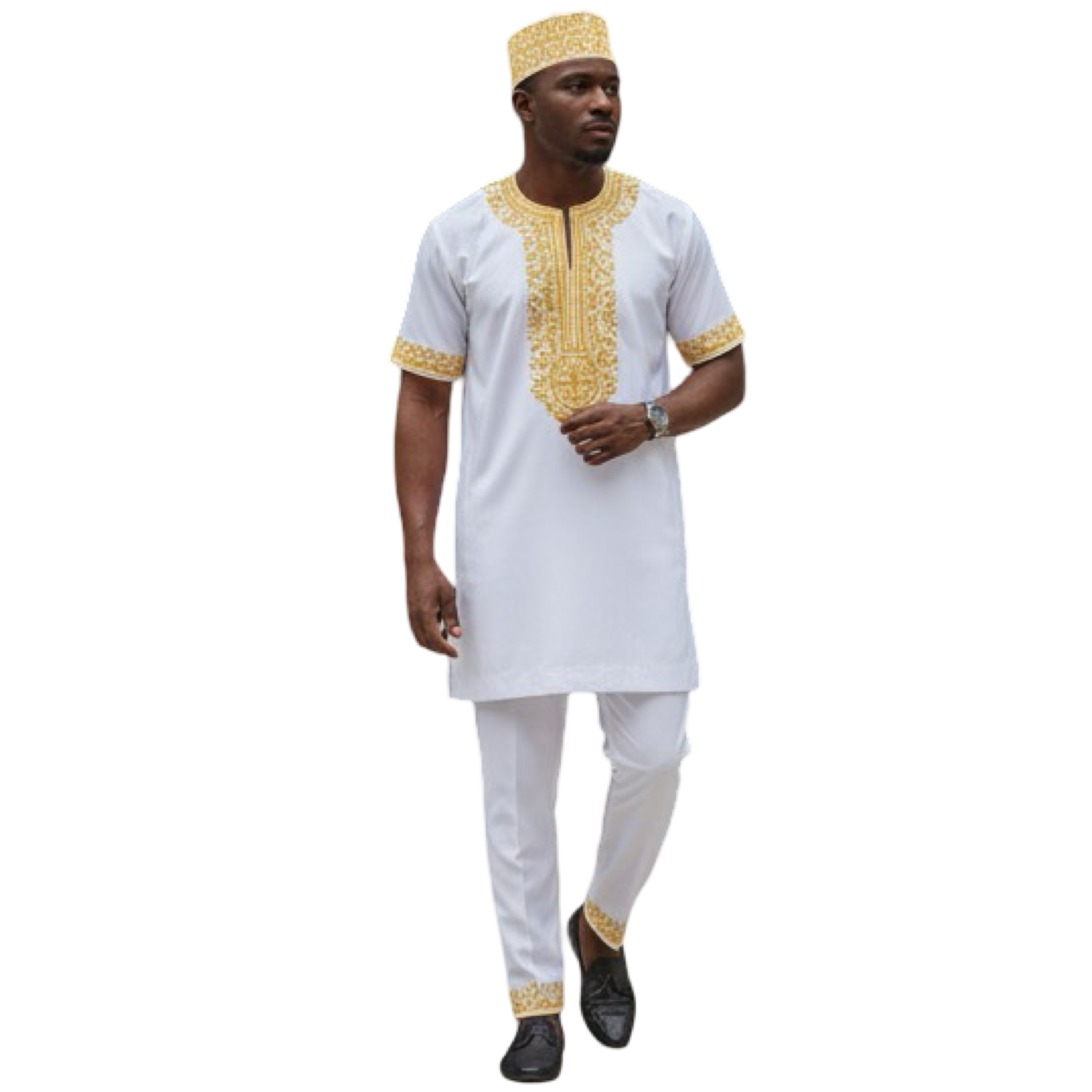 Men’s 3 Piece Embroidered Top, Pant&Hat / White