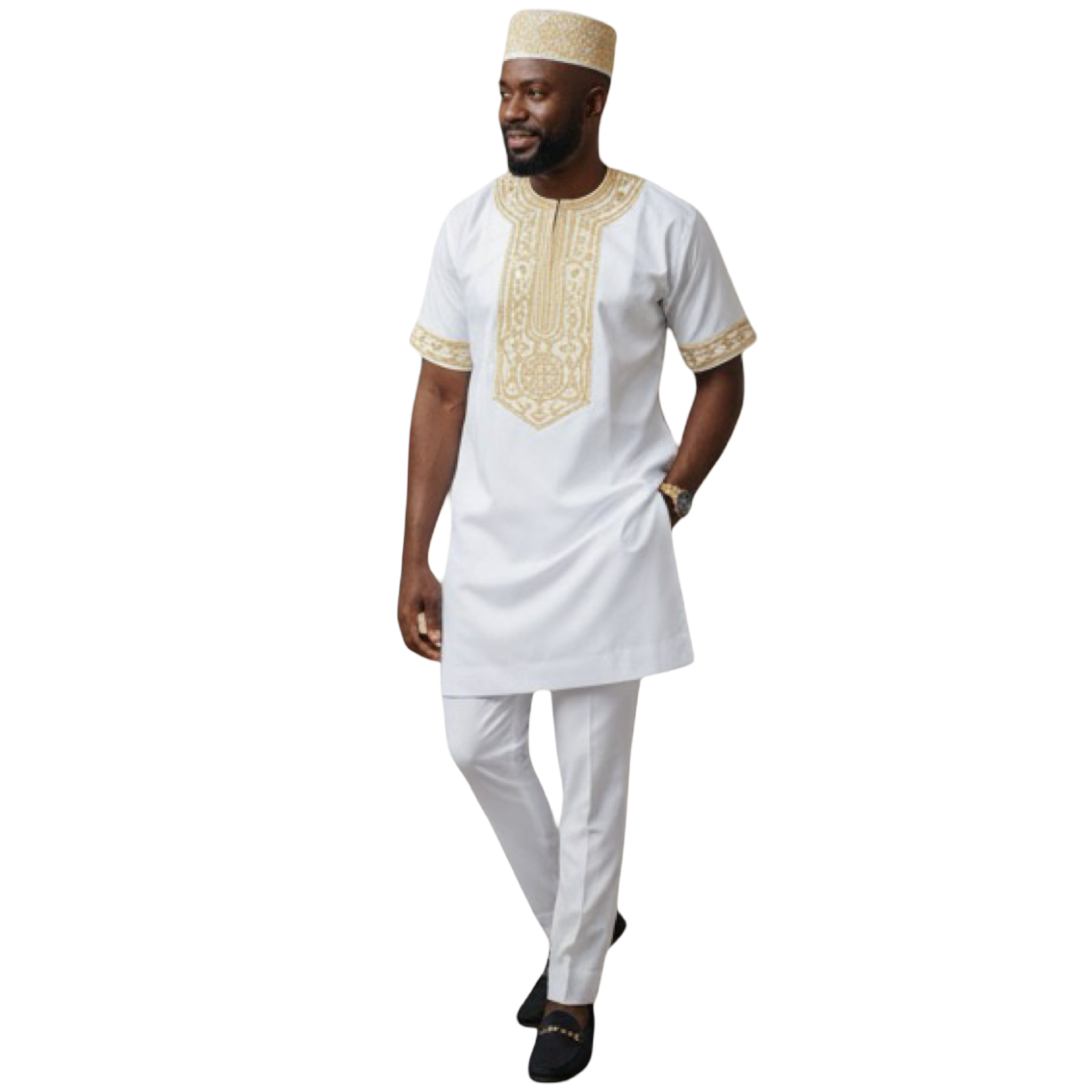 Men’s 3 Piece Embroidered Top, Pant&Hat / White