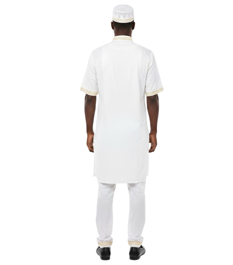 Men’s 3 Piece Embroidered Top, Pant&Hat / White