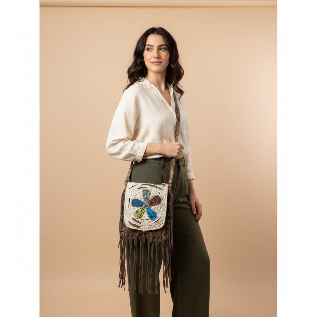 Bag - Off White Bohemian Fringe Bag w/Floral