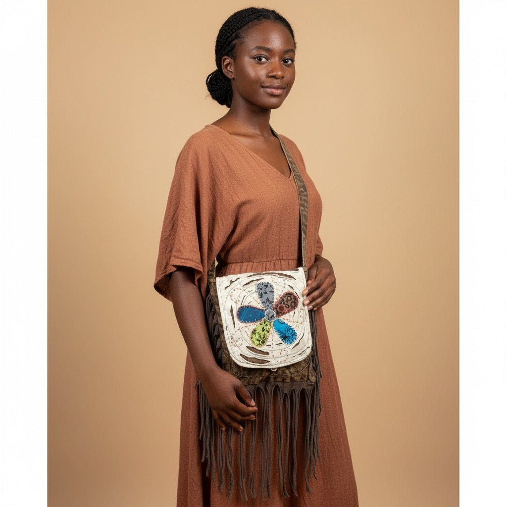 Bag - Off White Bohemian Fringe Bag w/Floral