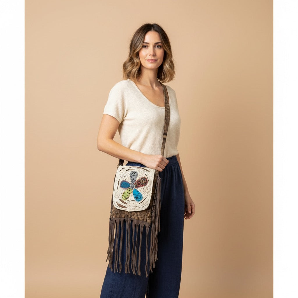 Bag - Off White Bohemian Fringe Bag w/Floral