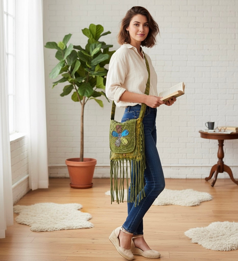 Bag - Olives Green Bohemian Fringe Bag w/Floral