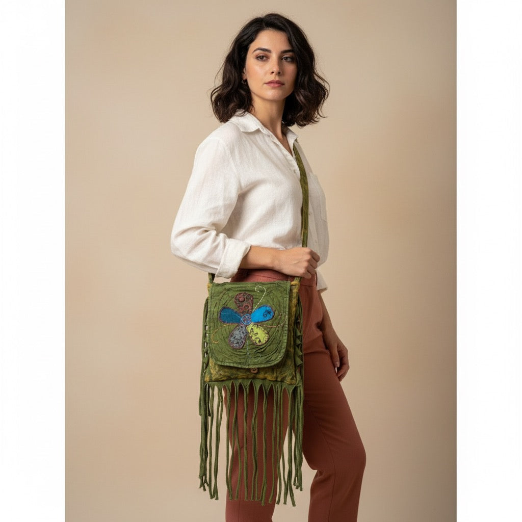 Bag - Olives Green Bohemian Fringe Bag w/Floral