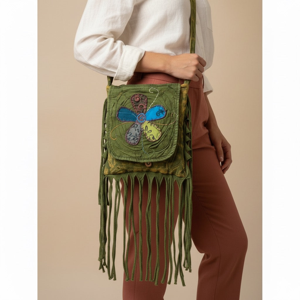 Bag - Olives Green Bohemian Fringe Bag w/Floral