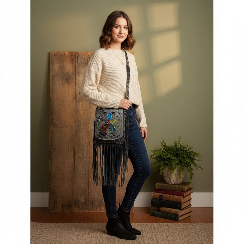 Bag - Gray Bohemian Fringe Bag w/Floral