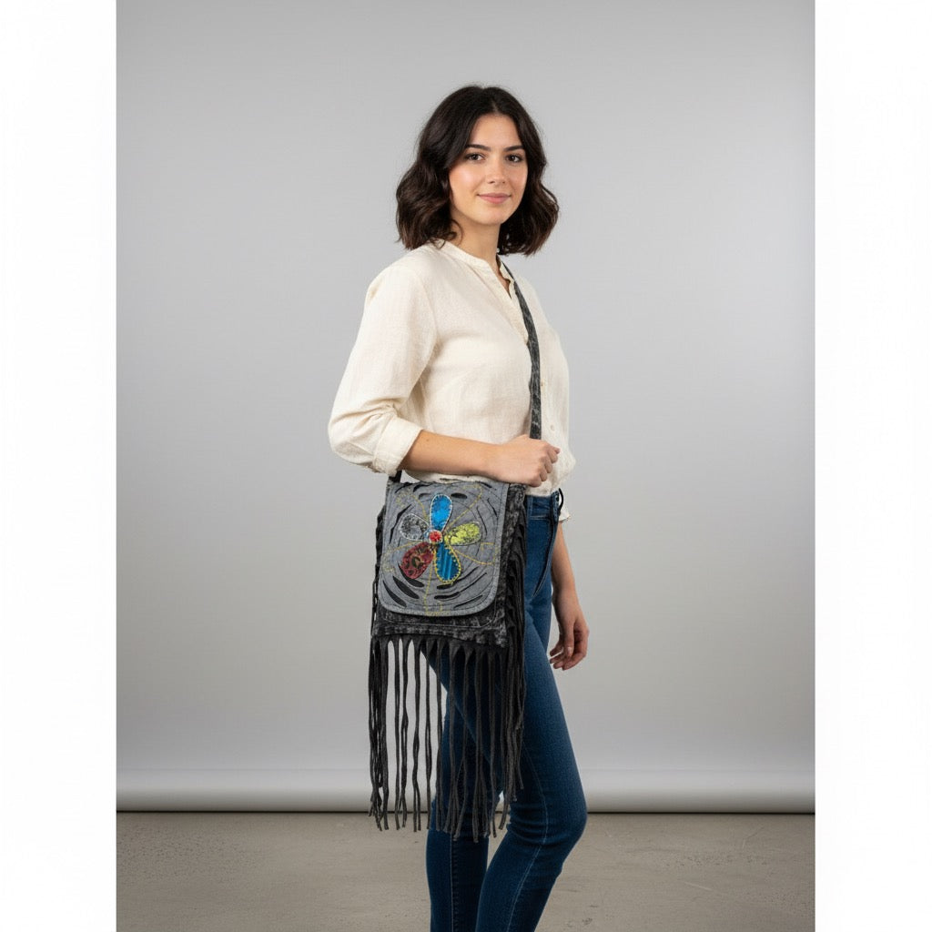 Bag - Gray Bohemian Fringe Bag w/Floral
