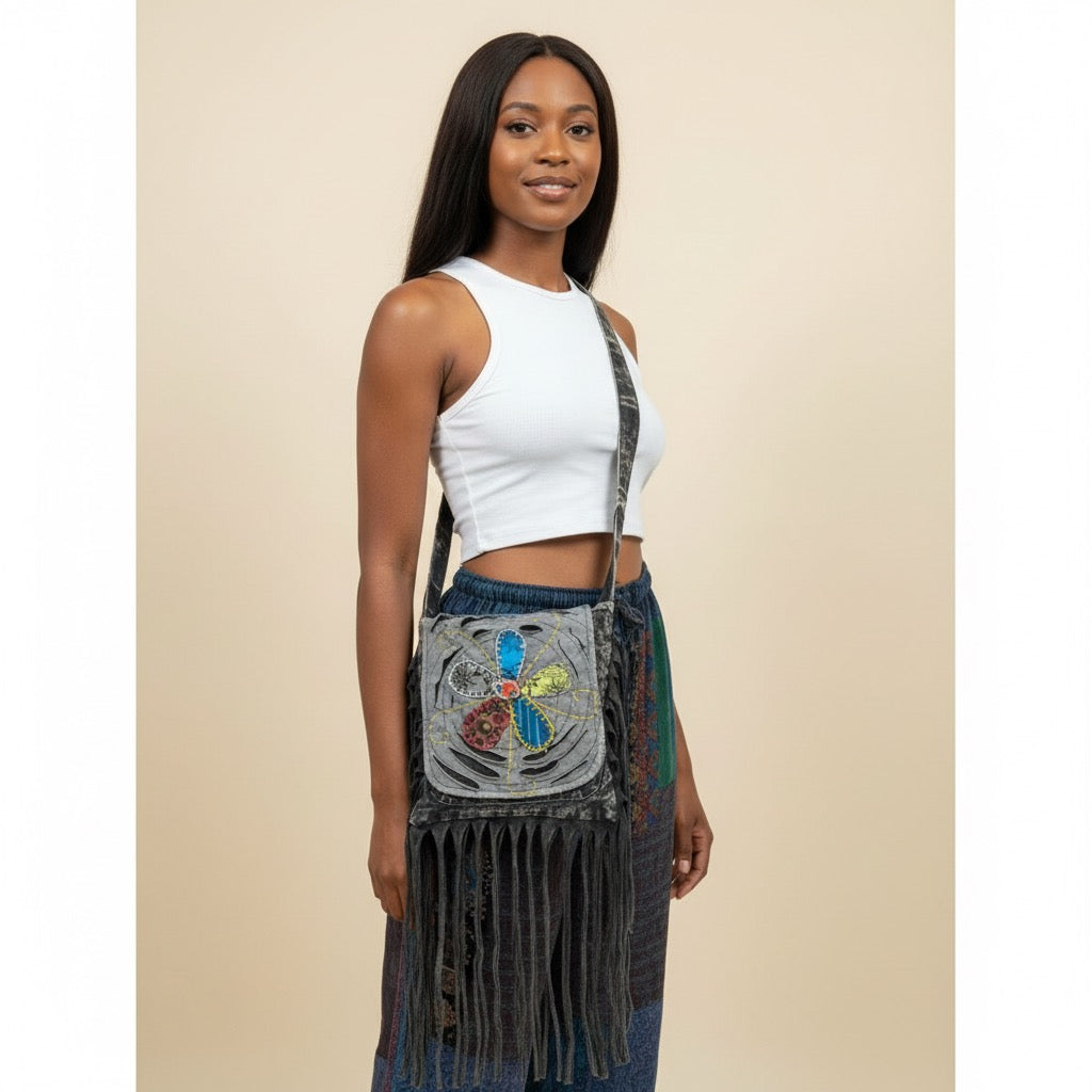 Bag - Gray Bohemian Fringe Bag w/Floral