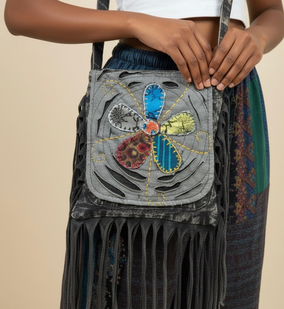 Bag - Gray Bohemian Fringe Bag w/Floral