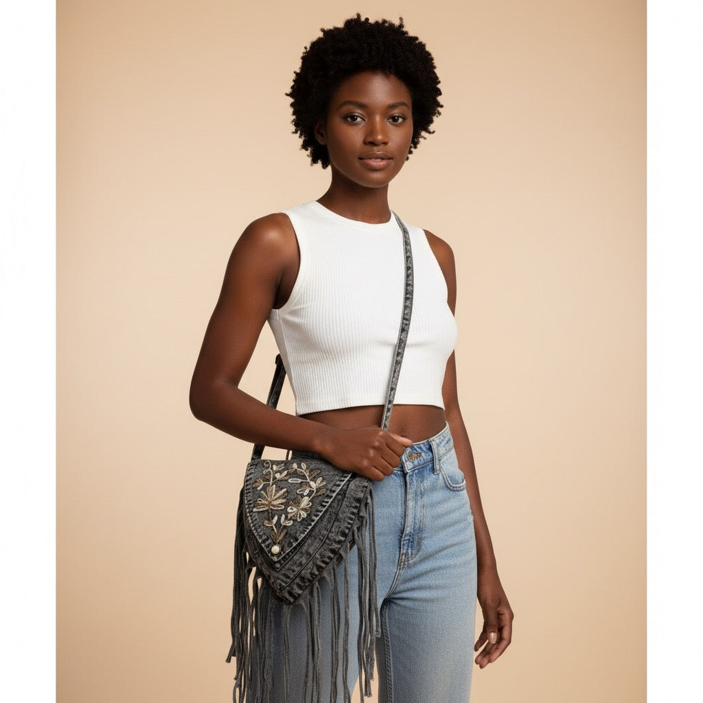 Bag - Black Stonewashed Fringe Bag