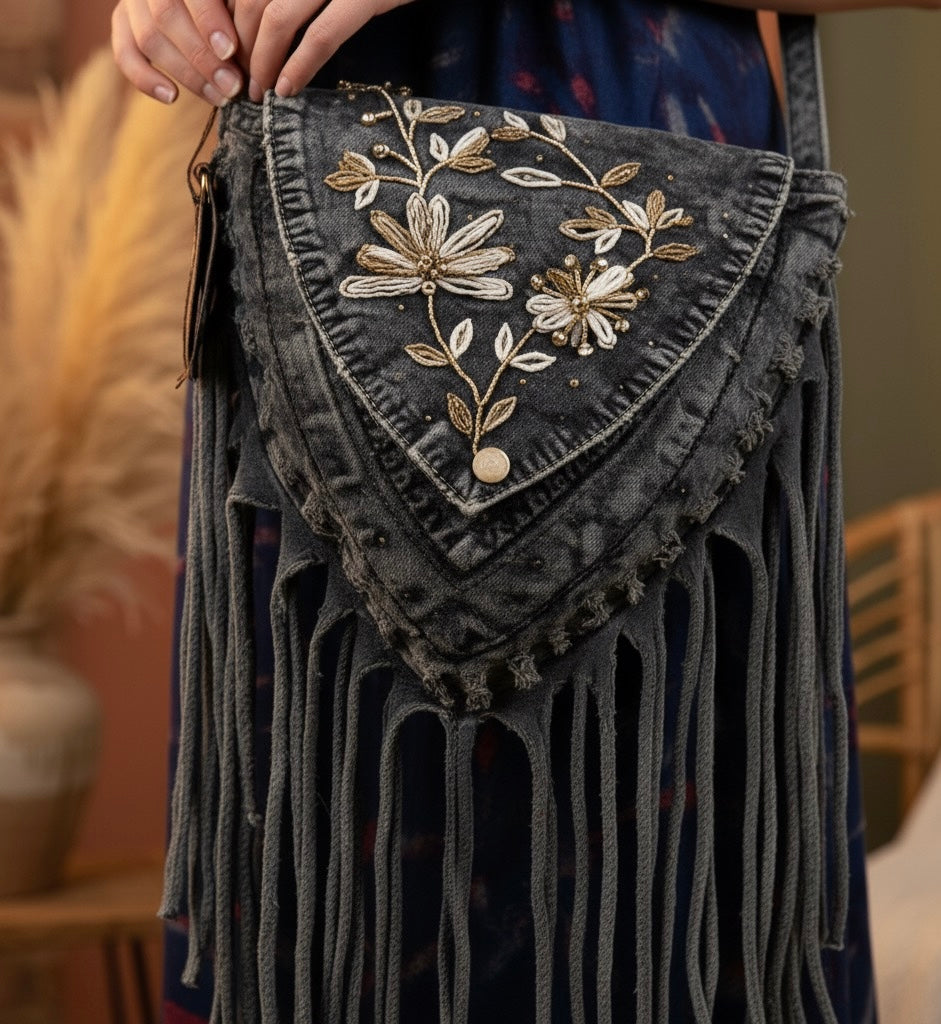 Bag - Black Stonewashed Fringe Bag