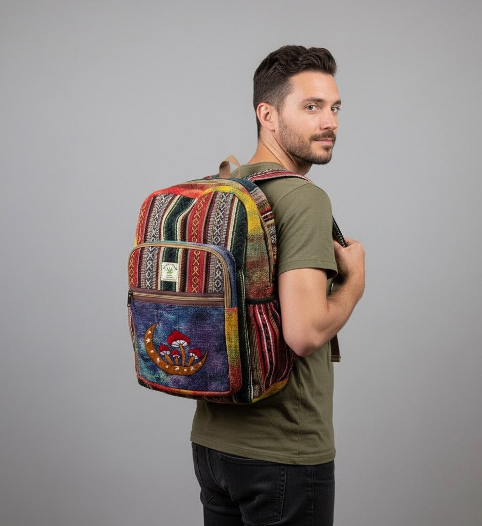 Embroidery Mushroom Moon Hemp Backpack