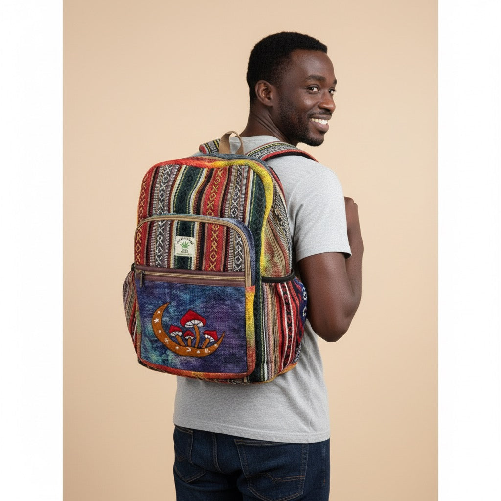 Embroidery Mushroom Moon Hemp Backpack