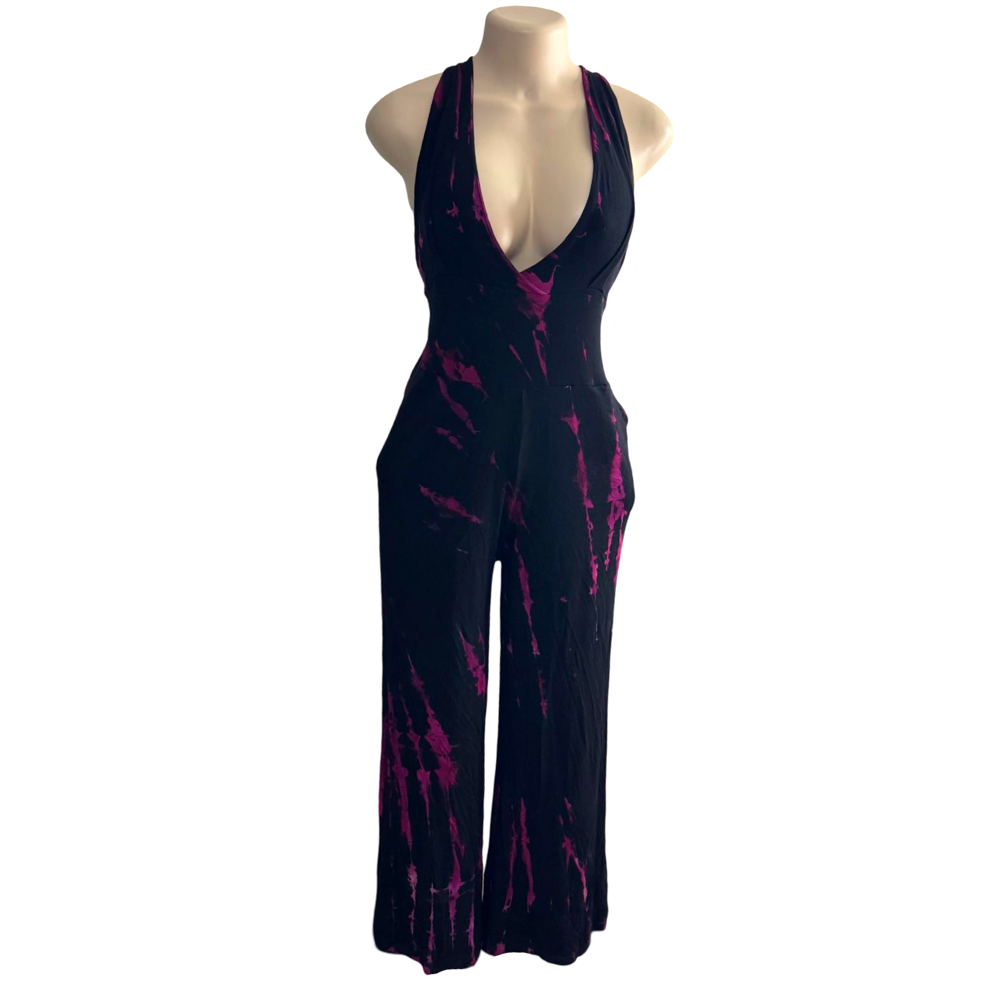 Jumpsuit - Tie Dye Jumper Deep V Halter / Black-Purple