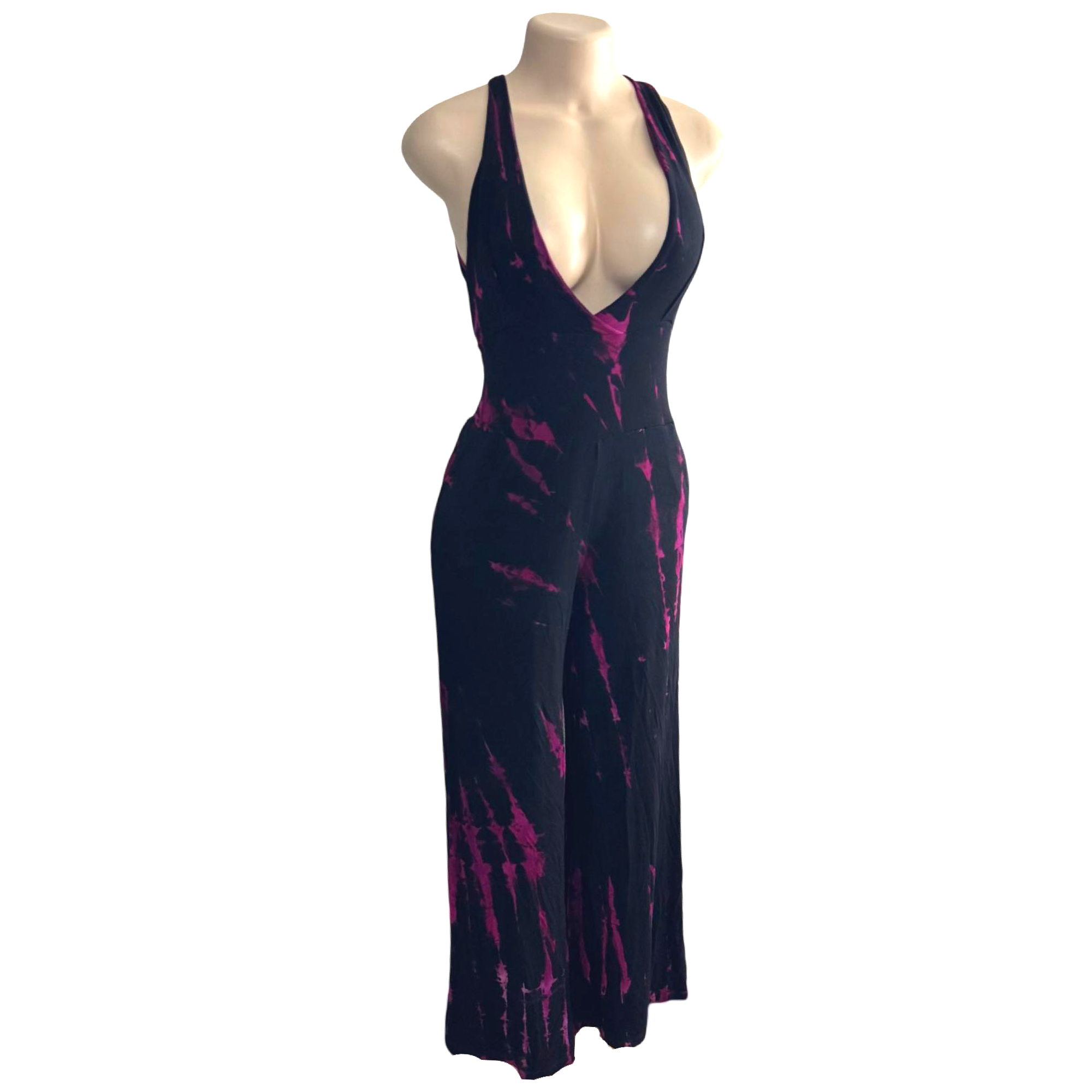 Jumpsuit - Tie Dye Jumper Deep V Halter / Black-Purple