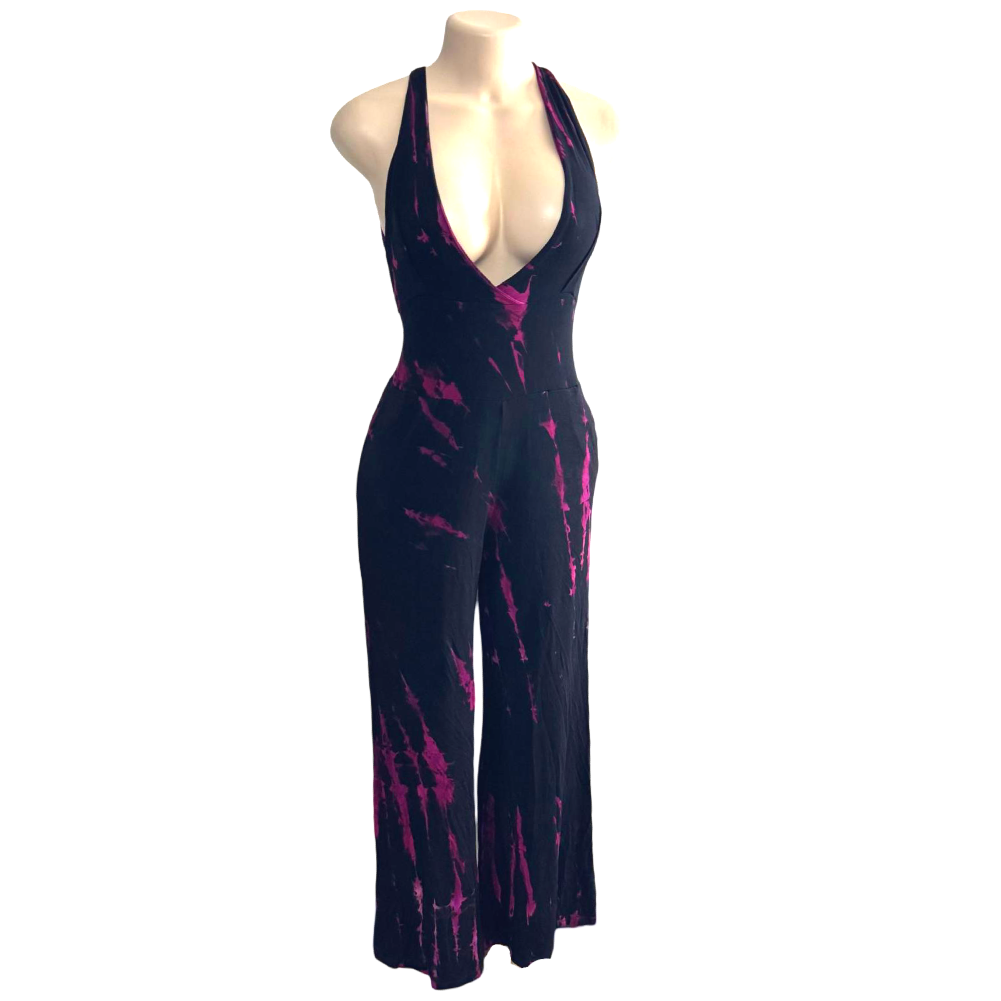 Jumpsuit - Tie Dye Jumper Deep V Halter / Black-Purple