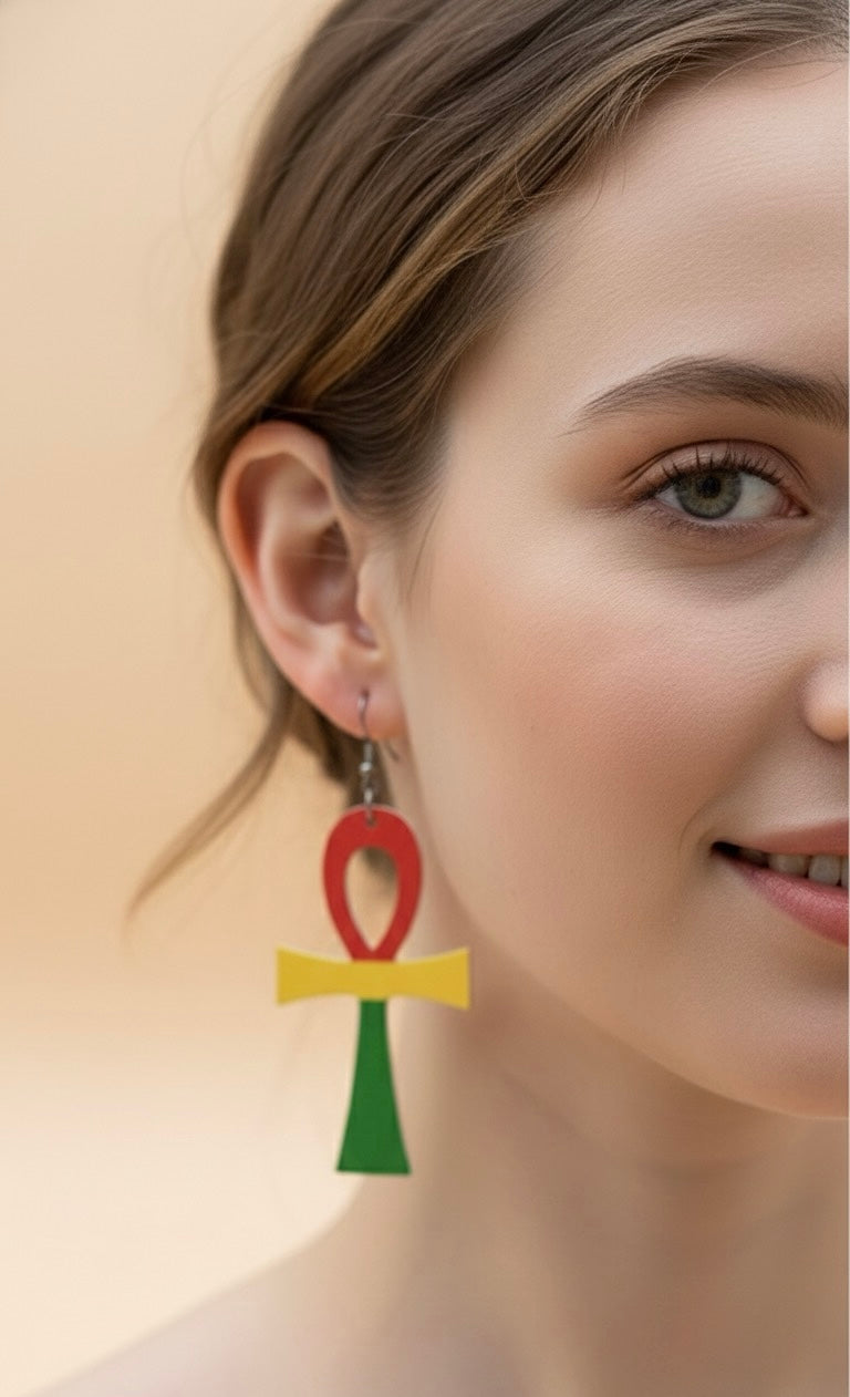 Rasta Ankh Wooden Earrings