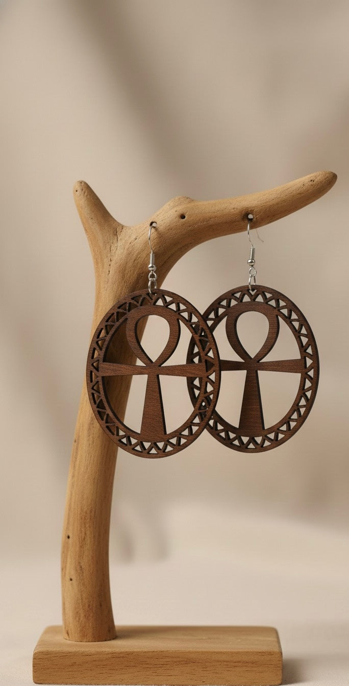 African Ankh Wooden Earrings