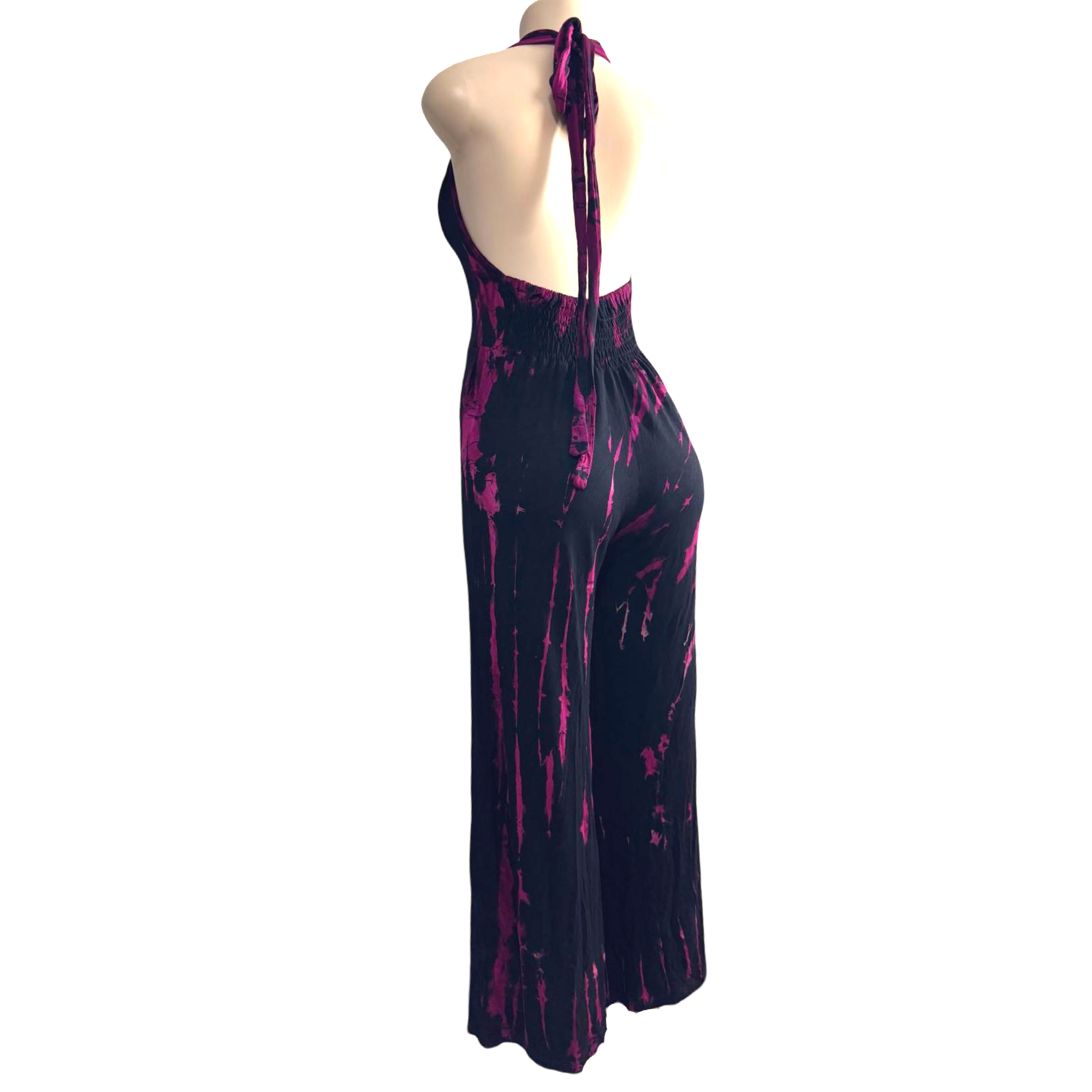 Jumpsuit - Tie Dye Jumper Deep V Halter / Black-Purple