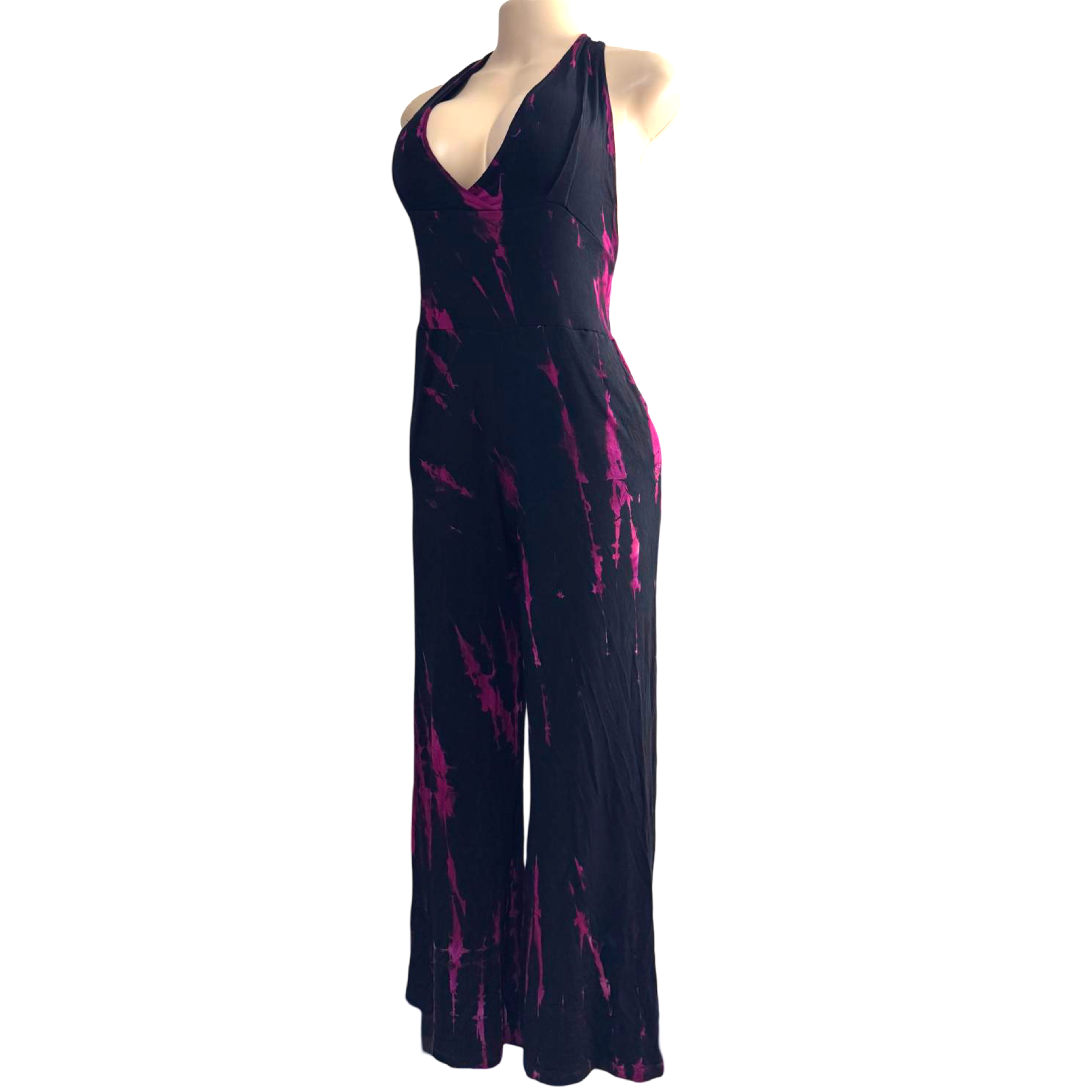 Jumpsuit - Tie Dye Jumper Deep V Halter / Black-Purple