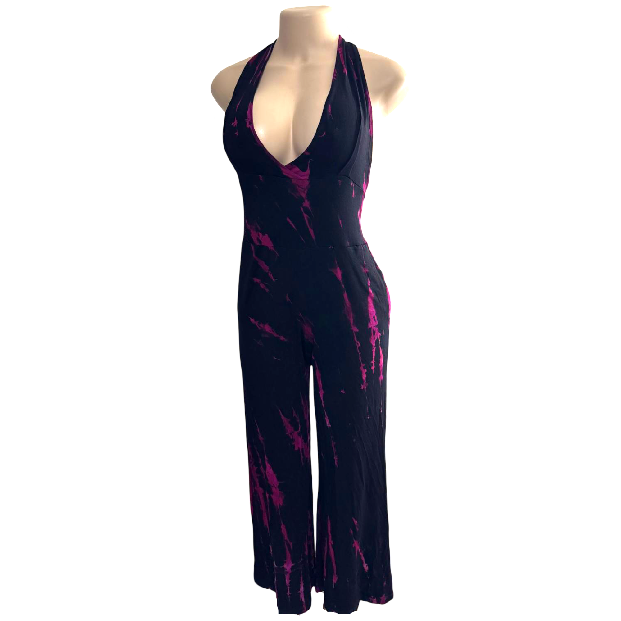 Jumpsuit - Tie Dye Jumper Deep V Halter / Black-Purple