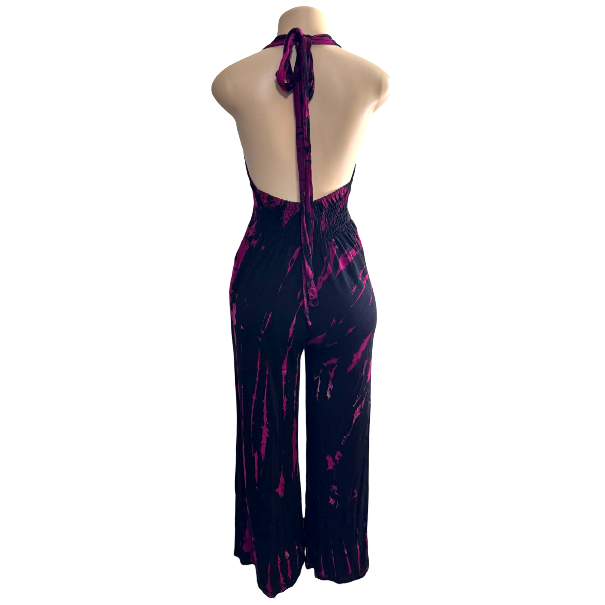 Jumpsuit - Tie Dye Jumper Deep V Halter / Black-Purple