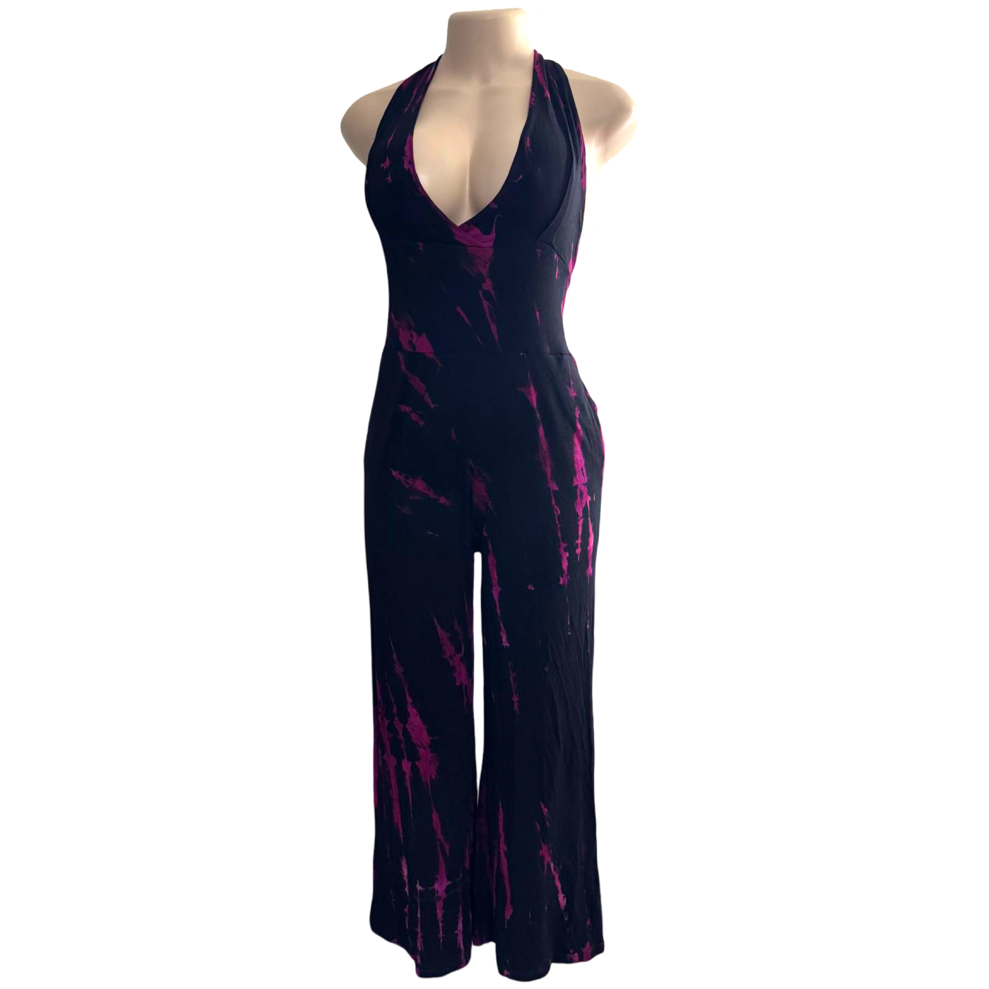 Jumpsuit - Tie Dye Jumper Deep V Halter / Black-Purple