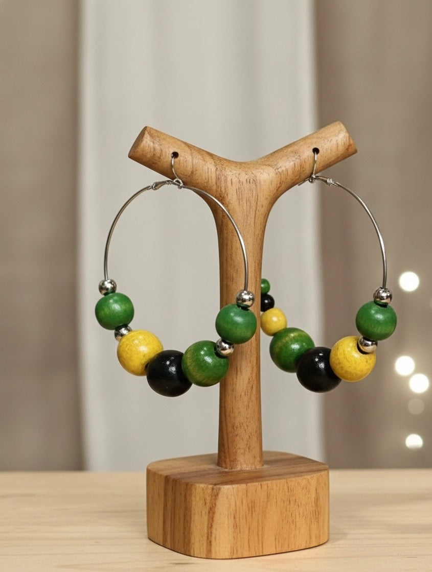 Jamaican Wood Bead Hoop Earrings – Bold Boho Statement