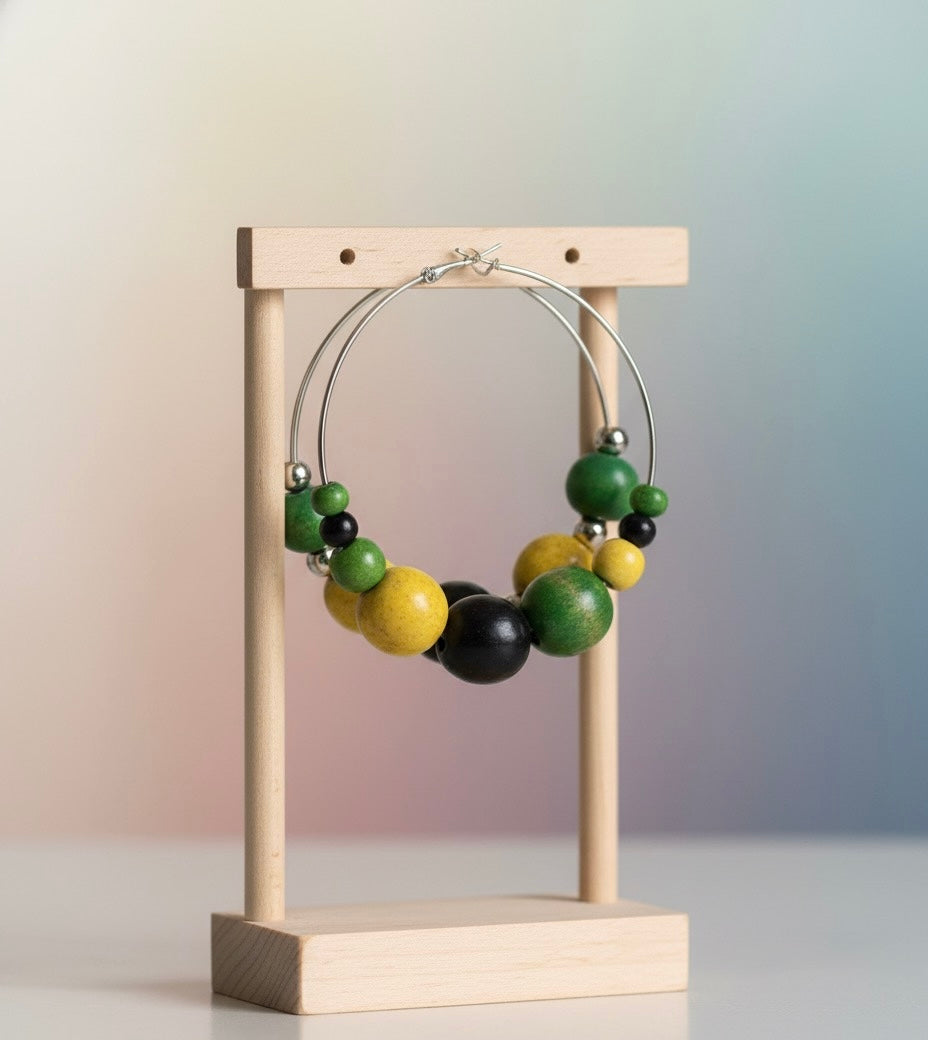 Jamaican Wood Bead Hoop Earrings – Bold Boho Statement