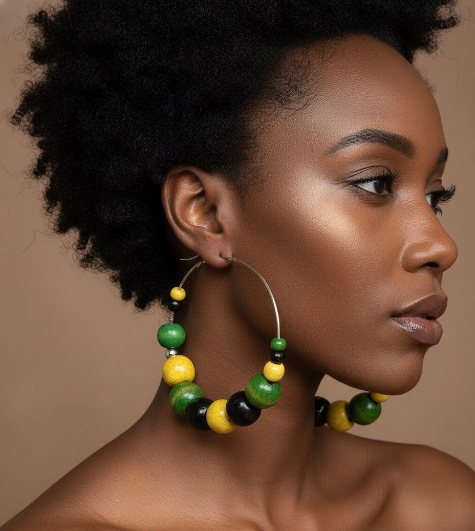 Jamaican Wood Bead Hoop Earrings – Bold Boho Statement