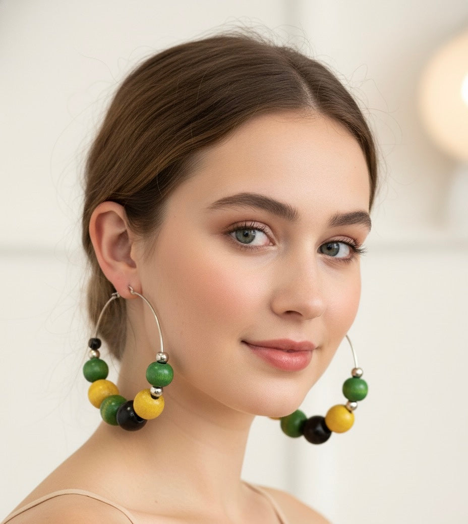 Jamaican Wood Bead Hoop Earrings – Bold Boho Statement